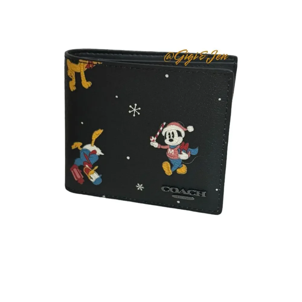 Disney X Coach Wallet With Holiday Print Black New